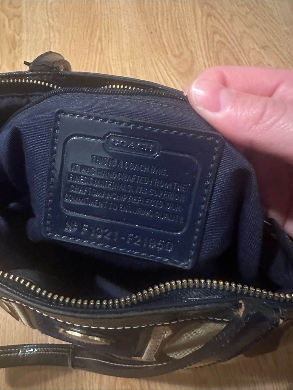 Coach Brown Signature Canvas Tote with Navy Center Stripe - Picture 6 of 11